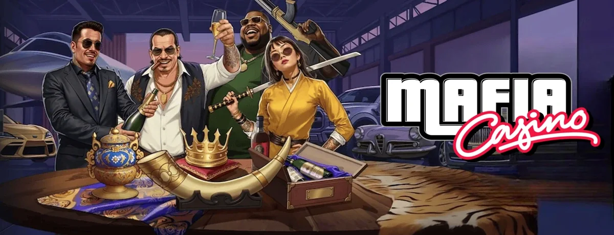 Mafia Casino promo art with the brand's gangster characters