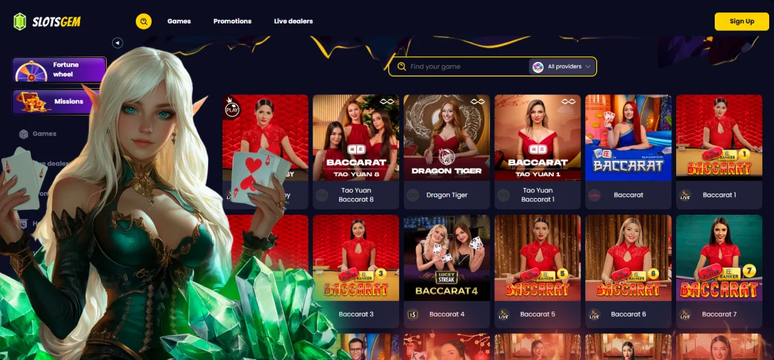 SlotsGem Casino lobby with live dealer tables